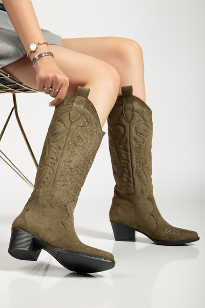 Ms Sugar Жіночі веганські замшеві довгі ковбойські чоботи з вишивкою