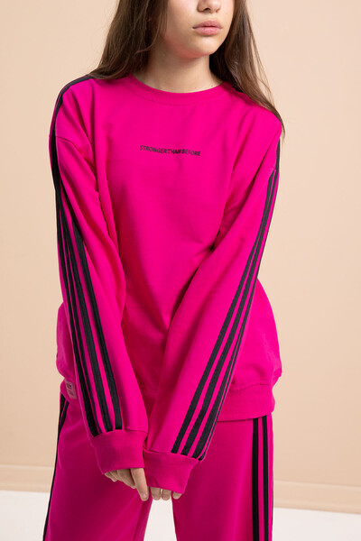 Cansın Mini Fuchsia Wide Leg Girls' Tracksuit Set with Side Stripes 21300