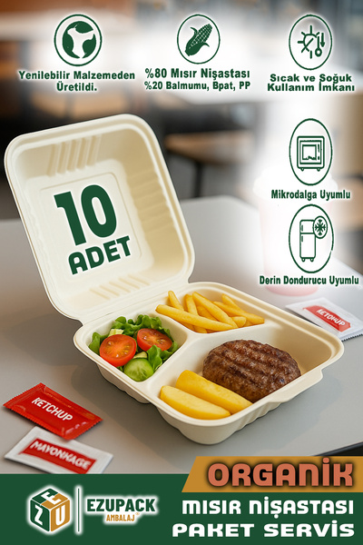 Ezupack 10 Adet ORGANİK 3 Üç Göz Paket Servis Yemek Kabı Mikrodalga Derindoru...