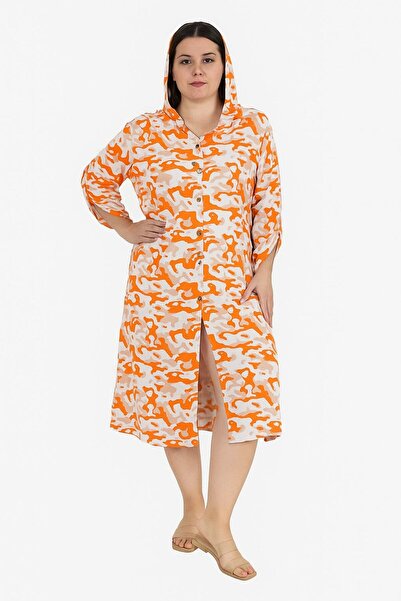 AGORATEKSTİL Women's Camouflage Pattern Hooded Long Shirt Dress