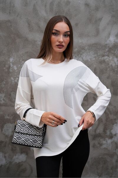 AGORATEKSTİL بلوزة نسائية من قماش الكريستال بياقة دائرية وأكمام طويلة مزينة ب...