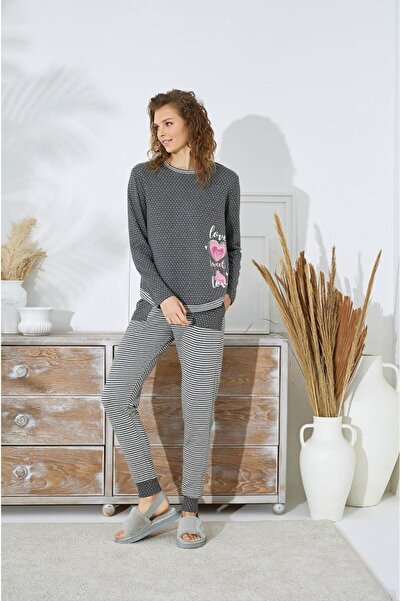 Sevim 14985 Gray Striped Heart Pajama Set with Elasticated Legs
