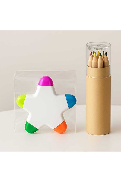 KIRTASİYECİM قلم تحديد على شكل نجمة (5 ألوان نيون مختلفة) + قلم تلوين جاف مكو...