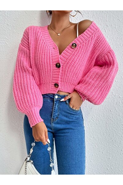 pepule Pink Knitted Button Detailed Ribbed Sleeve Women's Vest