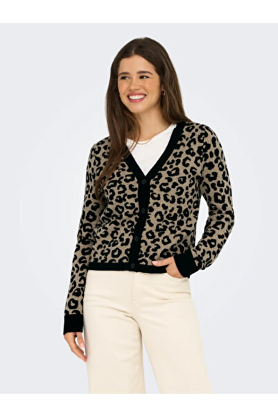 ONLY Onlleo Ls V-Neck Cardigan Knt Noos Women's Leopard Print Cardigan