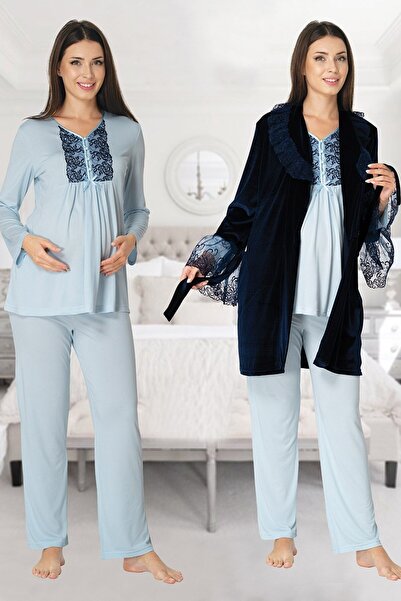 BLACKMORE Kadın Lacivert Kadife Kışlık Dantelli Tasarım Lohusa Hamile Sabahlı...