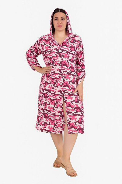 AGORATEKSTİL Kadın Kamuflaj Desen Kapüşonlu Uzun Gömlek Elbise