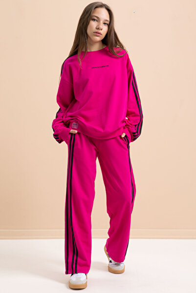 Cansın Mini Φούξια φόρμα για κορίτσια με φαρδιά πόδια με ρίγες στα πλαϊνά 21300