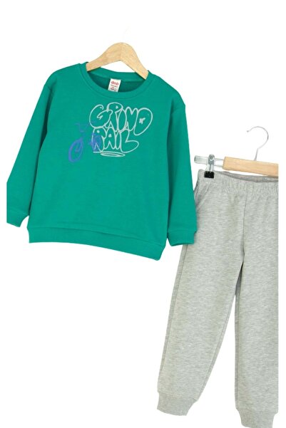 ww waka waka kids store Boys' Gray & Green Sweatshirt and Orange & Melange Sweatpants Two-Piece Set