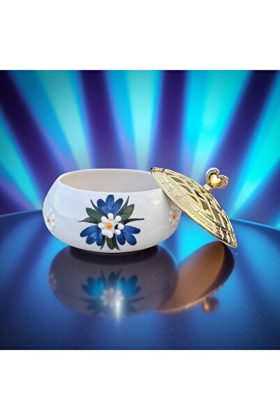 İlbay Çini Takı Seramik metal kapaklı poyraz şekerlik lacivert Çiğdem çiçeği
