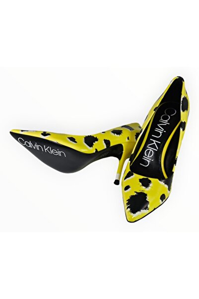 Calvin Klein High-Heeled Shoes, Patent Leather Yellow with Black Spots, Size 37 EU