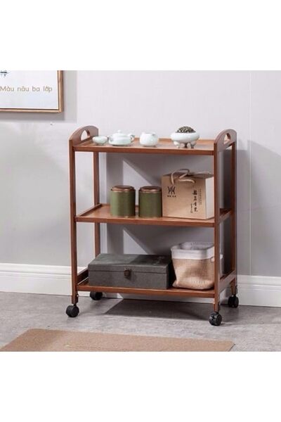 genric جزيرة مطبخ FFD من الخيزران بعجلات متحركة - عربة تقديم طعام ثلاثية الطوابق بمقبض - خشبية