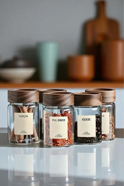 iselahome Naterra 6-Piece Glass Spice Jar Set with Acacia Lid 200 ml