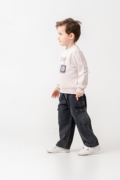 Magu Boys' Cotton Beige Printed Sweatshirt and Black Cargo Pants Set - Casual Comfortable Combination