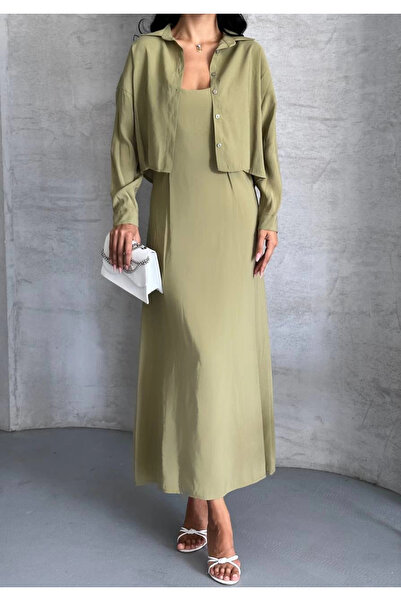 MetuCA Set din două piese pentru femei, cămașă crop din țesătură kaki și roch...