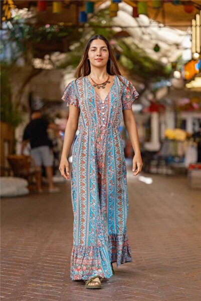 Miss Boheme Turquoise Color Button Detailed Floral Garden Silk Jumpsuit