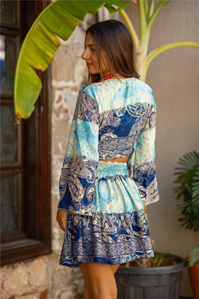 Miss Boheme Navy Blue Color Gold Detailed Silk Short Skirt Blouse Set