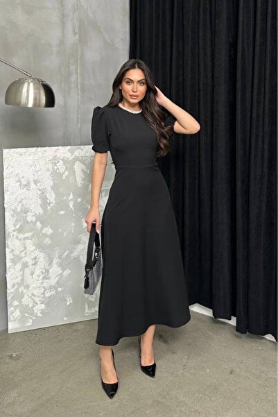 By BAYANA Kloş Balon Kol Midi Boy Elbise