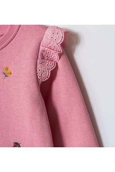 Magu Girl's Cotton Pink Floral Embroidered Lace Detailed Sweatshirt and Sweatpants Set