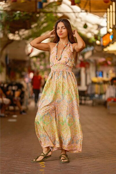 Miss Boheme Green color halter neck backless silk rompers