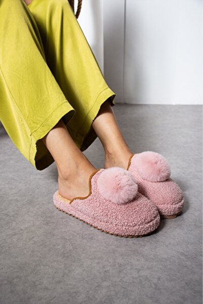 Moda Devrin Pudra PonPon Kışlık Kadın Terlik