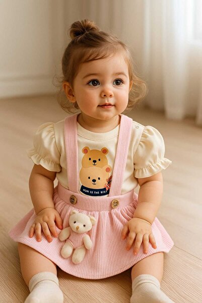 bubiee baby فستان منقوش بدببة لعبة وأيدي مطاطية