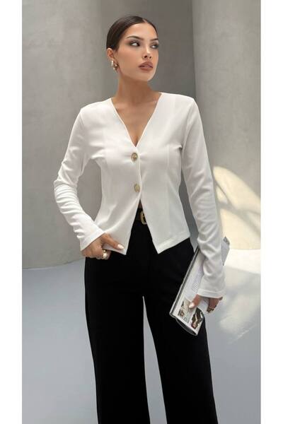 MY DEPO Women's V-Neck Buttoned Cardigan Blouse
