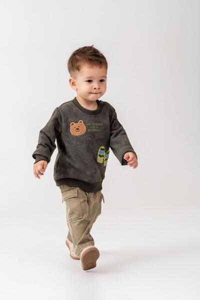 Magu Boys' Cotton Khaki Embroidered Sweatshirt and Cargo Pants Set with Pockets