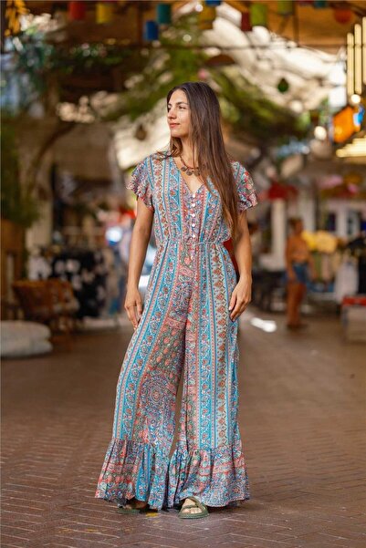 Miss Boheme Turquoise Color Button Detailed Floral Garden Silk Jumpsuit