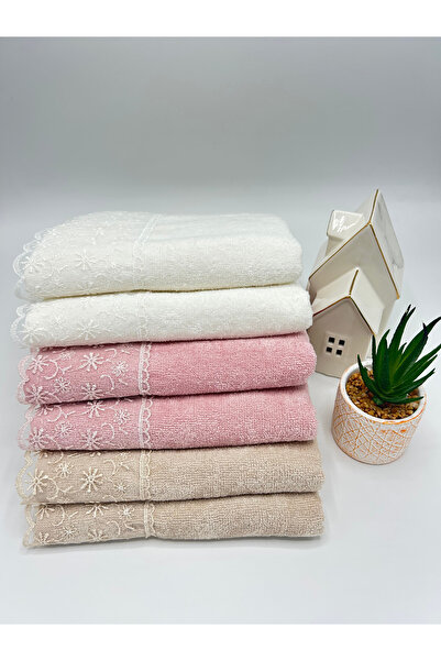 LenaToptan Mink 6-Piece Guipure Lace 50X90 cm Face Towel Set (Gift - Dowry - Present)