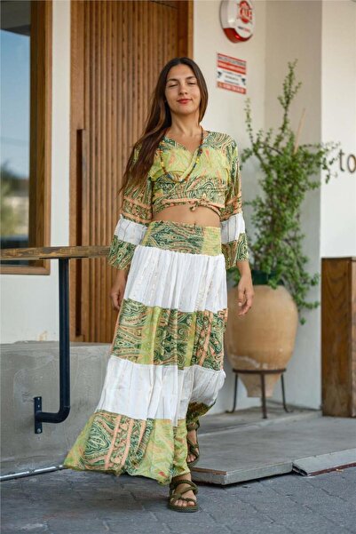 Miss Boheme Green Color Patterned and Gold Detailed Silk Skirt Blouse Set