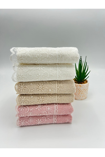 LenaToptan Cream 6-Piece Guipure Lace 30X50 cm Kitchen Towel Set (Gift - Dowry - Present)