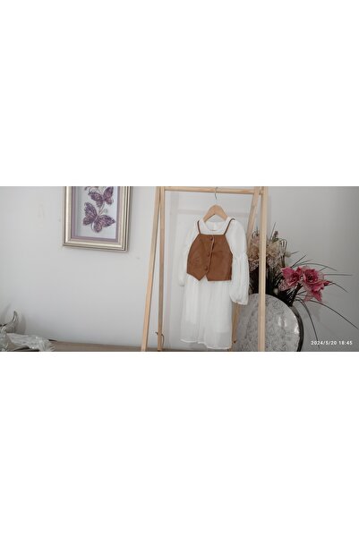 Genel Markalar Kız Çocuk Deri Yelekli Ekru Şifon Elbise