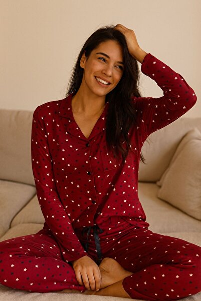 Lady Queen Front Buttoned Shirt Collar Women's Long Sleeve Pajama Set