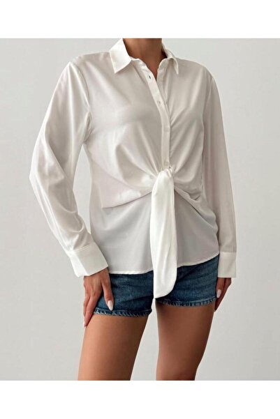 DOLCE QUEEN قميص نسائي بأكمام طويلة وأزرار مع تفاصيل ربط عند الخصر