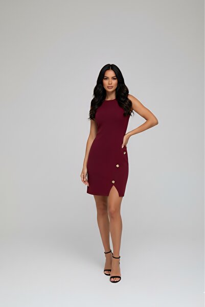 Defile Askılı Aksesuar Detaylı Yırtmaçlı Mini Elbise