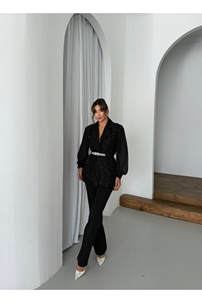 1Moda1Tarz Women's Imported Fabric Top with Rose Pattern Sleeves, Chiffon, Stone Belt Detail, Lined, Special Design Suit