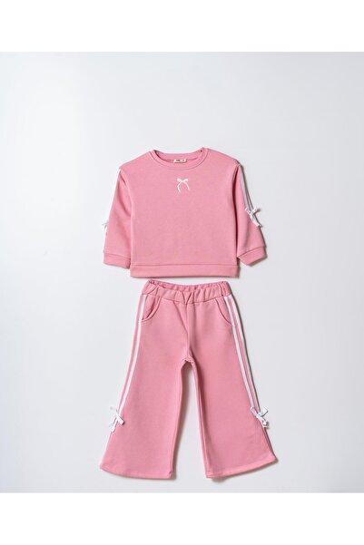 Magu Girl's Cotton Pink Bow Detailed Sweatshirt and Striped Sweatpants Set