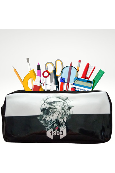 booddie Beşiktaş Bjk Temalı Kalem Kutusu Kalemlik Siyah Beyaz Resimli Fermuarlı Kumaş Kalemlik Çift Gözlü