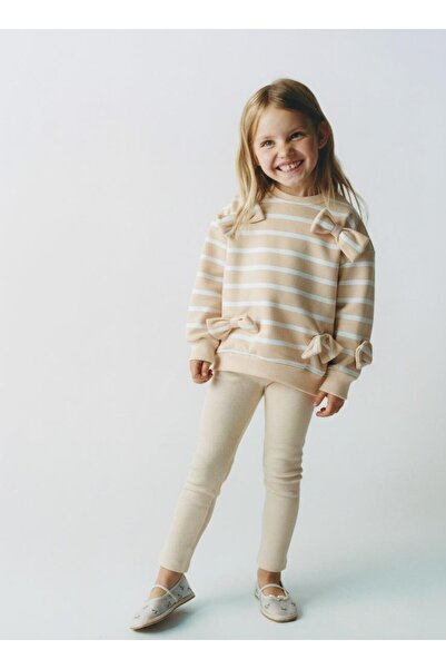 Magu Girl's Cotton Yellow Striped Sweatshirt with Bow Detail and Ribbed Leggings Set