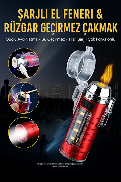 ellante Çok Fonksiyonlu Şarjlı LED El Feneri & Rüzgar Geçirmez Elektrikli Çakmak