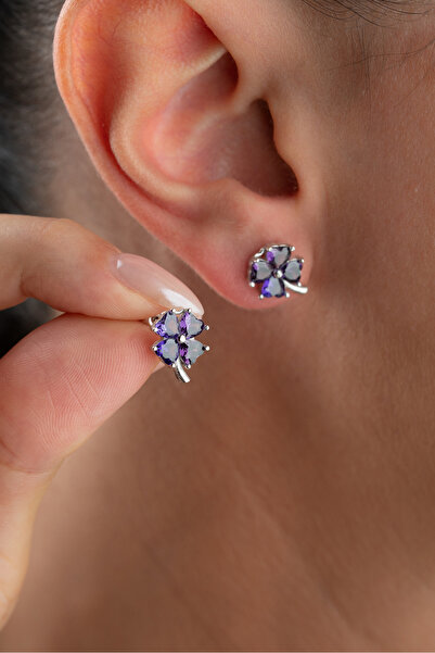 Silvano Jewelry 925 Ayar Gümüş Mor Taşlı Yonca Küpe