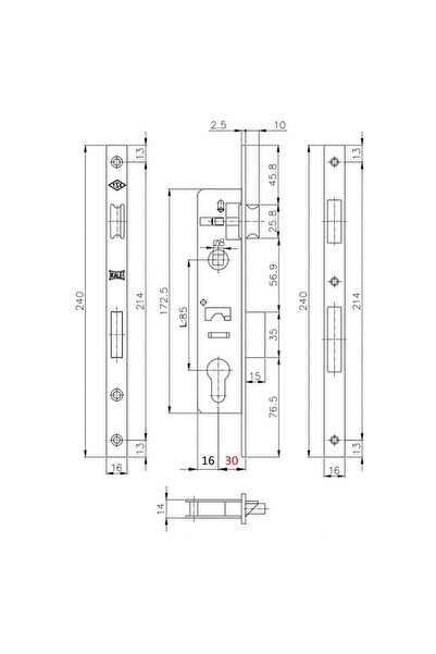 KALE Recessed Lock, 153P, PVC Frames, with Latch, Backset 30mm, Interax 85mm