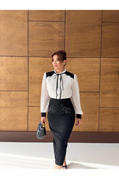 1Moda1Tarz Partea de sus din țesătură importată Yoryo&Dantel Partea de jos din țesătură tweed brodată cu piatră Detaliu cu panglică Rochie cu design special căptușită