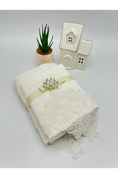 LenaToptan 2-Piece Guipure Lace Velvet Cream Towel Set 30X50 and 50X90 cm (Gift Set - Dowry - Present)