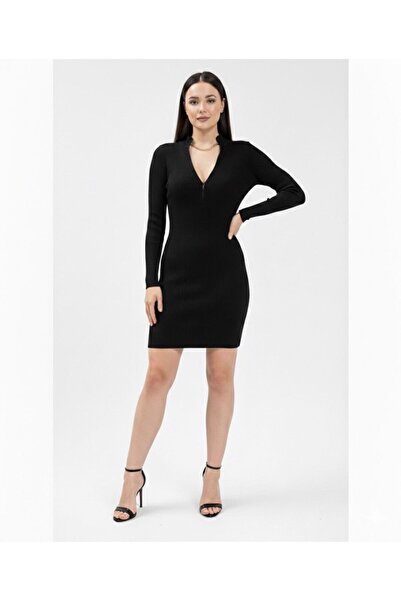 Filiya Moda KAŞKORSE SİYAH BALIKÇI YAKA FERMUARLI ELBİSE REGULAR KALIP