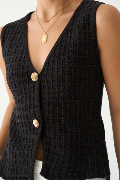 ibeeka Women's Clothing Aci Brown Gold Button Closure Vest New Season Texture Detailed