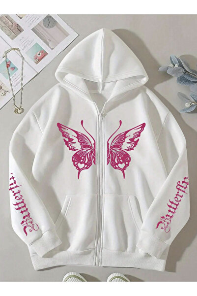 COHERENT Unisex Cardigan Butterfly Special Printed Winter Oversize Hooded Zippered Pocket Detailed Cardigan