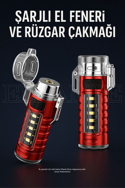 ellante Çok Fonksiyonlu Şarjlı LED El Feneri & Rüzgar Geçirmez Elektrikli Çakmak
