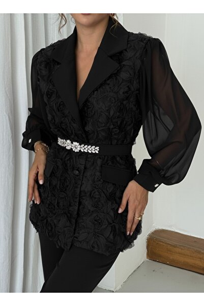 1Moda1Tarz Women's Imported Fabric Top with Rose Pattern Sleeves, Chiffon, Stone Belt Detail, Lined, Special Design Suit